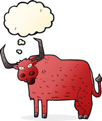 cartoon hairy cow with thought bubble