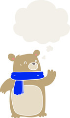 cartoon bear wearing scarf and thought bubble in retro style