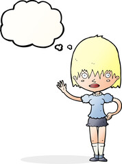 cartoon waving woman with thought bubble