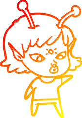 warm gradient line drawing pretty cartoon alien girl