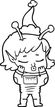 line drawing of a alien girl wearing santa hat