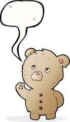 cartoon waving teddy bear with speech bubble