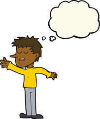 cartoon happy man reaching with thought bubble