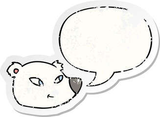 cartoon polar bear face and speech bubble distressed sticker