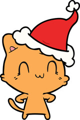 line drawing of a happy cat wearing santa hat
