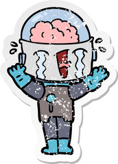 distressed sticker of a cartoon crying robot