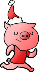 happy gradient cartoon of a pig running wearing santa hat