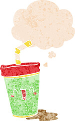 cute cartoon soda and thought bubble in retro textured style
