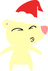 flat color illustration of a whistling bear wearing santa hat