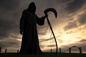 Dark and foreboding silhouette of Grim Reaper at cemetery, Generative AI