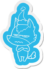 cartoon  sticker of a annoyed wolf wearing santa hat