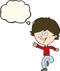 cartoon happy waving boy with thought bubble