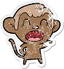 distressed sticker of a shouting cartoon monkey pointing