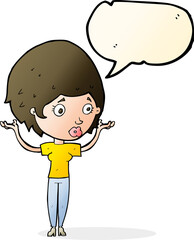 cartoon woman raising hands in air with speech bubble