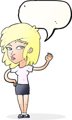 cartoon pretty woman waving with speech bubble