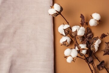 Flat lay Beautiful cotton branch, white and gray fabric on gold background top view copy space. Natural cotton fabric texture. Dreamy white cotton flowers - Generative AI