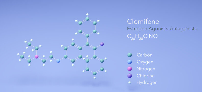 clomifene molecule, molecular structures, clomiphene, 3d model, Structural Chemical Formula and Atoms with Color Coding