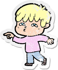 distressed sticker of a cartoon curious man