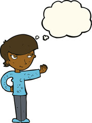 cartoon woman waving with thought bubble