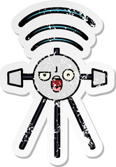 distressed sticker of a cute cartoon satellite