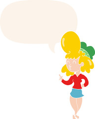 cartoon woman and big hair and speech bubble in retro style
