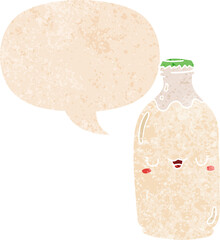 cute cartoon milk bottle and speech bubble in retro textured style