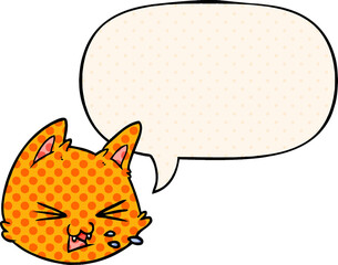 spitting cartoon cat face and speech bubble in comic book style