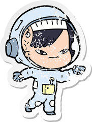 distressed sticker of a cartoon astronaut woman