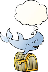 cartoon shark swimming over treasure chest and thought bubble in smooth gradient style