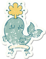 grunge sticker of tattoo style happy squirting whale character