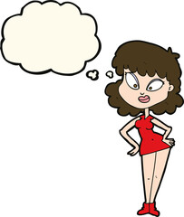 cartoon woman with hands on hips with thought bubble