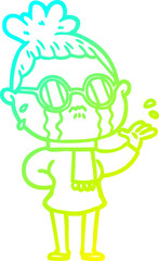 cold gradient line drawing cartoon crying woman wearing spectacles