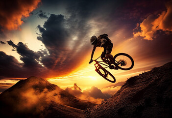a man extreme mountain biking by sunset jumping of a cliff