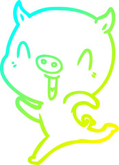 cold gradient line drawing happy cartoon pig running