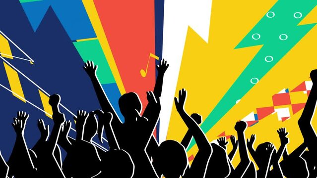 Crowd of People Having Fun at  Concert 2D Animation. Colorful Festive Background. 4K