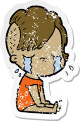 distressed sticker of a cartoon crying girl