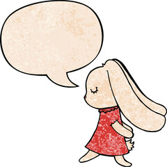 cute cartoon rabbit and speech bubble in retro texture style