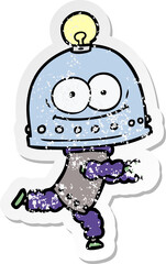 distressed sticker of a happy carton robot with light bulb
