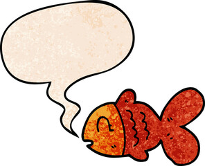 cartoon fish and speech bubble in retro texture style