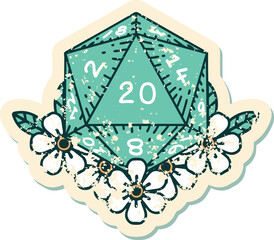 natural 20 D20 dice roll with floral elements grunge sticker