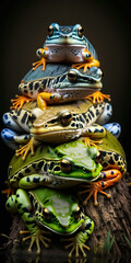 Fototapeta premium bright assorted stack of swamp frogs, collection of frogs, abstract art 