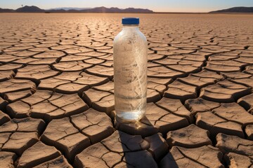 Water bottle standing in dry lake desert soil. Generative AI