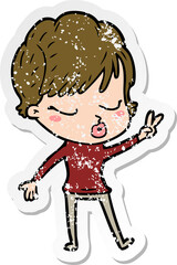 distressed sticker of a cartoon woman with eyes shut