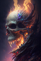close up of a skull with flames coming out of it, fantasy skull, burning skeleton, dark fantasy 