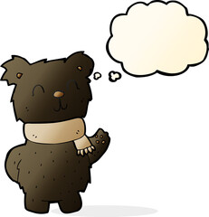 cartoon waving black bear with thought bubble