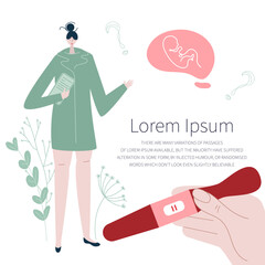 The doctor, gynecologist helps to planning pregnancy, have baby and become parents. Illustration with hand holds pregnancy positive test. Good for medical clinic poster or UI UX design apps.