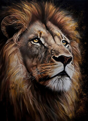 Lion portrait, face, nature, watercolor illustration 