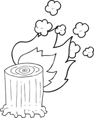 black and white cartoon tree stump on fire