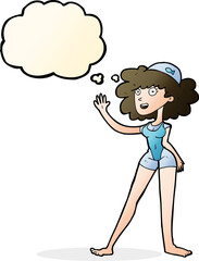 cartoon swimmer woman with thought bubble