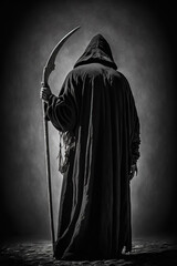 the grim reaper, a man in a black cloak holding a scyth 
